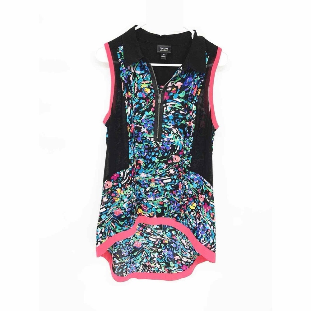 NICOLE BY NICOLE MILLER | Black Multicolor Floral High-Low Dress with Pink Trim